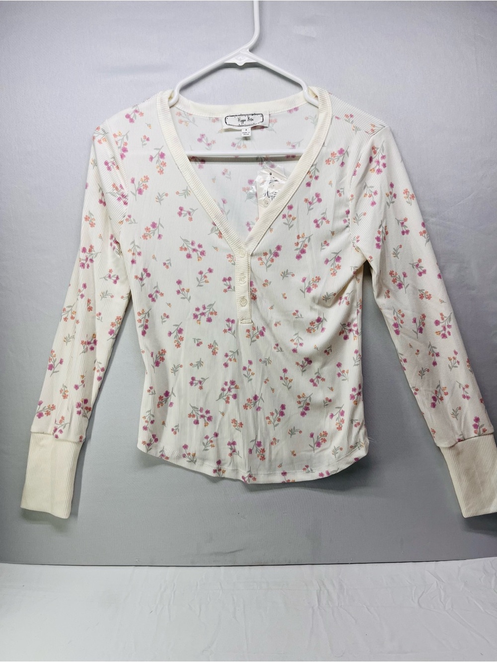 Hippie Rose Cream Ribbed Henley with Pink Floral Print